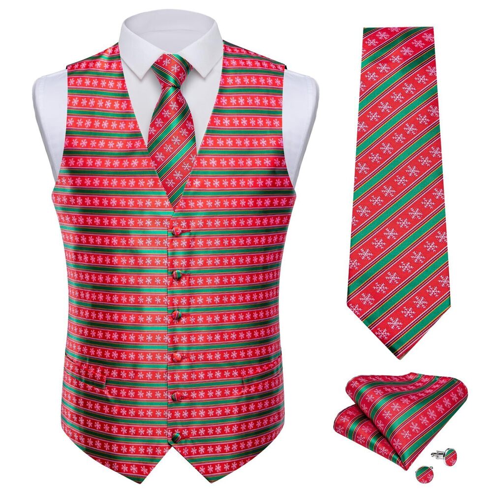 2734 Red and Green Festive Christmas Suit Vest Tie Set Woven Silk Xmas